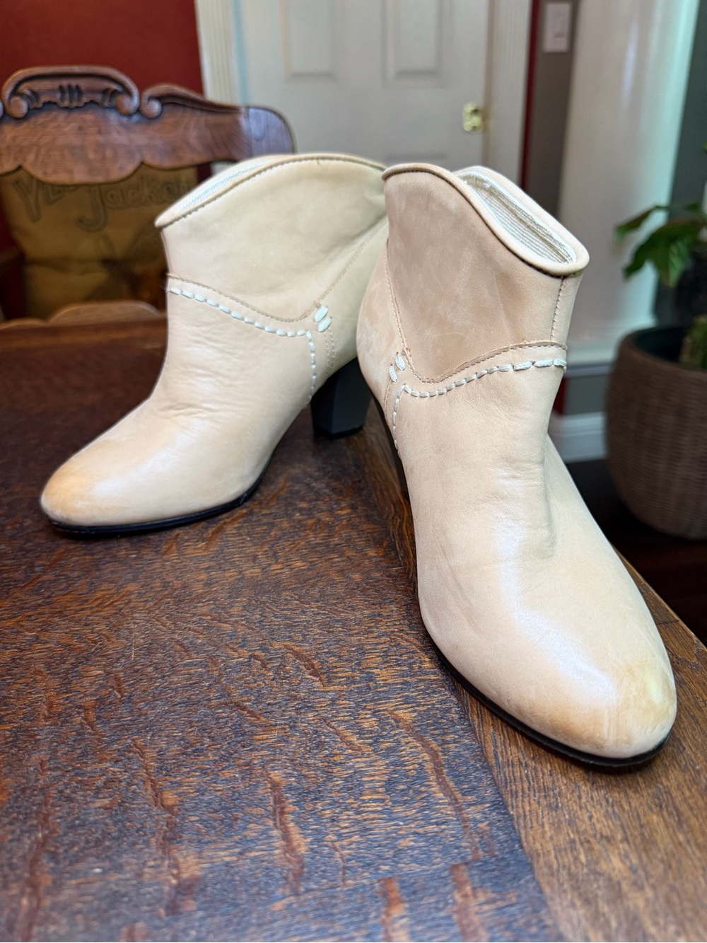 Maje Olivette Beige Smooth Leather Whipstitch Heeled Ankle Boots Size 36